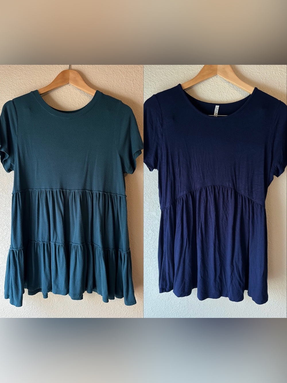 (2) Mother Bee Maternity Short Sleeve Tiered Tunic Tops - Teal / Navy